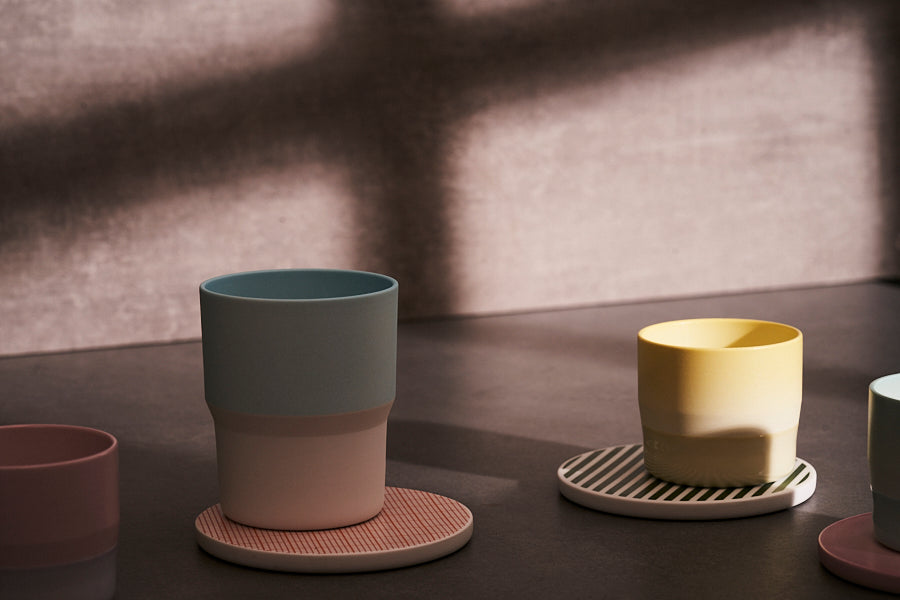 1616/ Arita porcelain mug light blue, coaster grid and stripe, espresso cup, yellow, from the "colour" collection designed by Scholten & Baijings